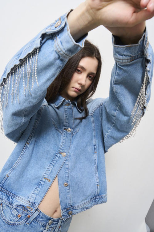 Women's denim jacket with rhinestone fringes - 1