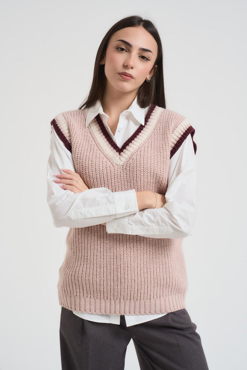 Gilet donna scollo a V rosa e bordeaux - 2