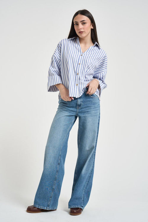 Camicia donna manica a tre quarti azzurra<BR/>