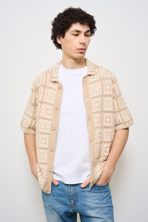 Camicia uomo in fantasia quadri beige