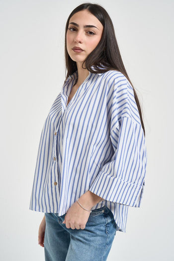 Camicia donna manica a tre quarti azzurra<BR/> - 5