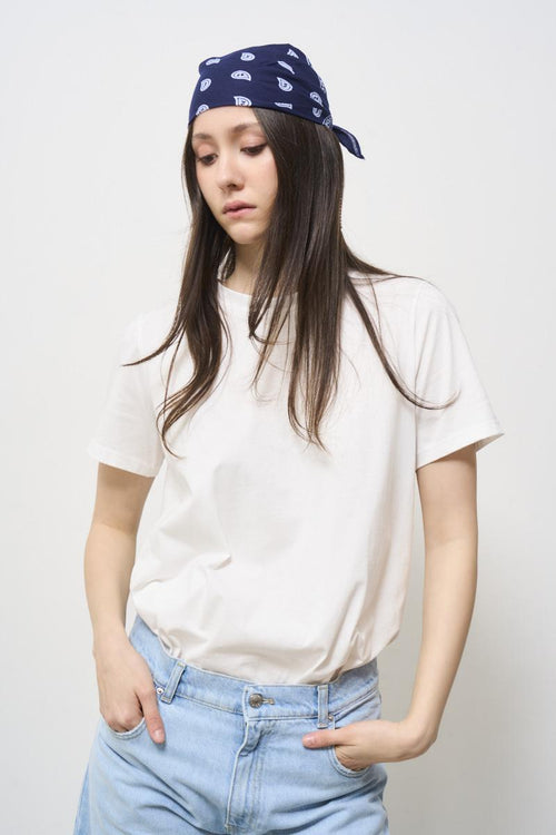 White women's t-shirt with blue rhinestone bandana