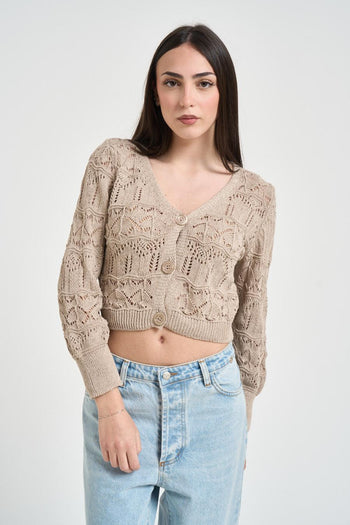 Cardigan donna cropped in maglia traforata corda - 3
