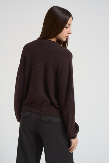 Cardigan donna scollo a V con strass marrone - 3