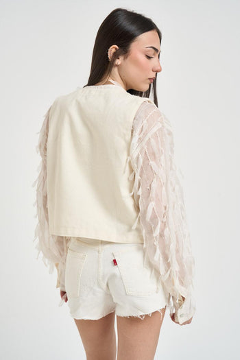 Gilet donna in cotone panna con ricami a contrasto - 4