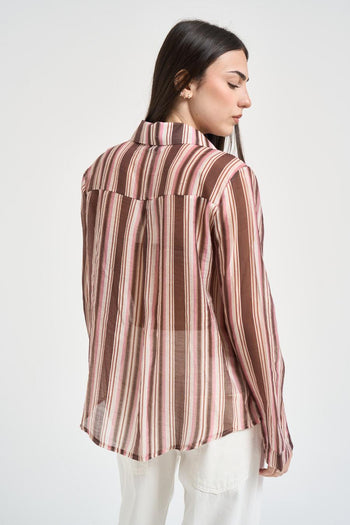 Camicia donna a righe rosa, panna e marrone - 3