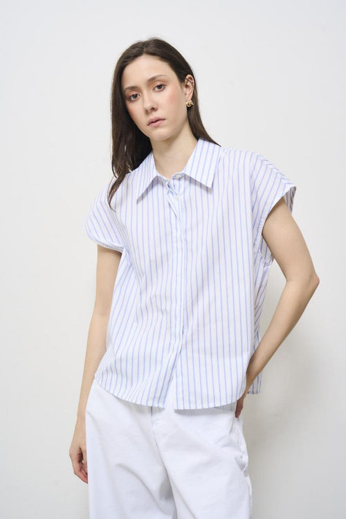 Camicia donna smanicata a righe blu