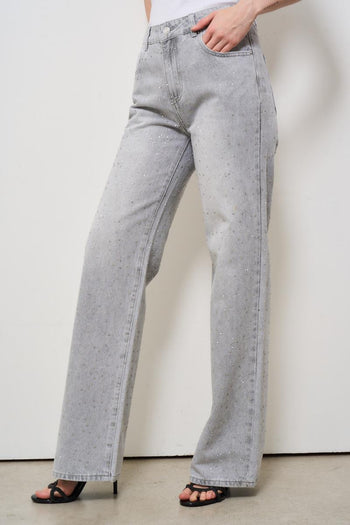 Jeans donna in denim grigio con strass - 3