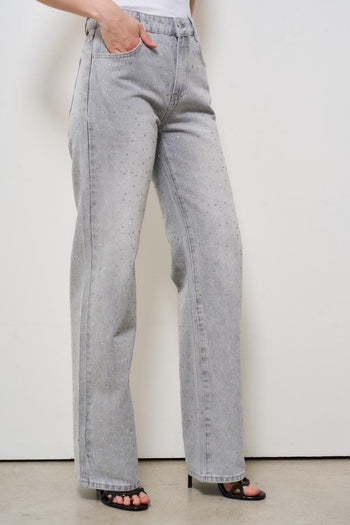 Jeans donna in denim grigio con strass - 4
