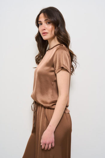 T-shirt donna girocollo satinata marrone - 3