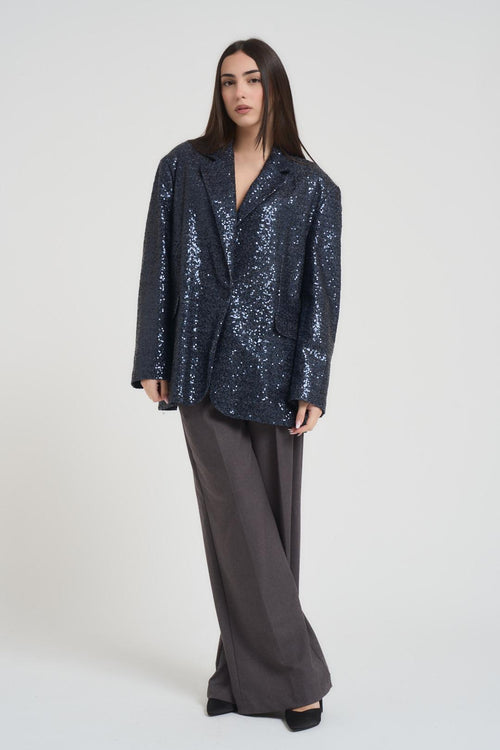 Giacca donna monoipetto con paillettes blu