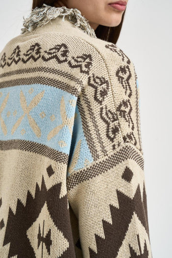 Cardigan donna jacquard beige e moro - 5