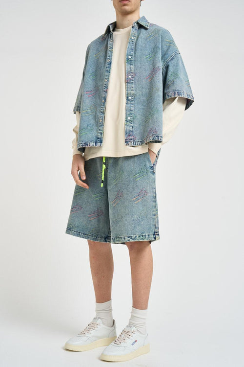 Camicia uomo in denim lavato con stampa all over