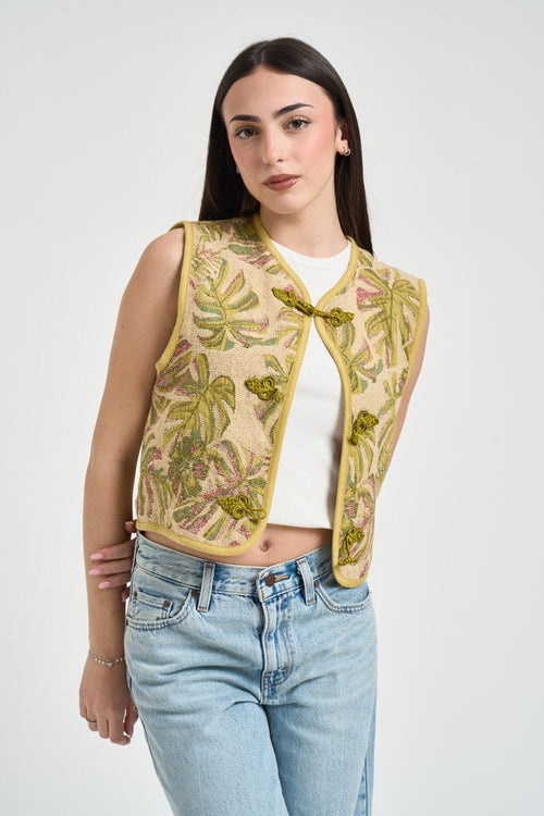 Gilet donna jacquard con motivo tropicale verde - 2