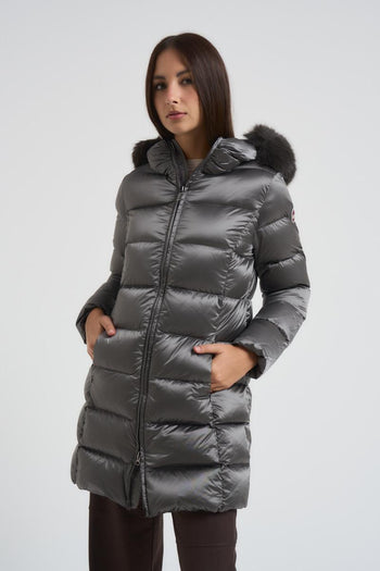 Piumino donna trapuntato con bordo in vera pelliccia grigio - 3