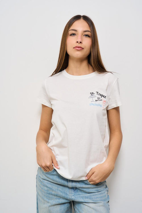 T-shirt donna girocollo bianca con ricamo