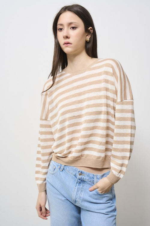 Maglia donna a righe beige