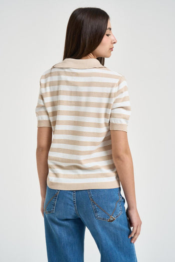 Polo donna in maglia a righe beige - 3