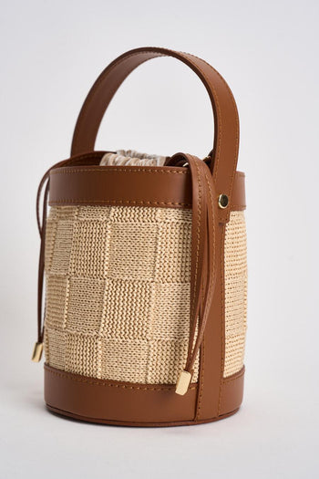 Borsa donna secchiello in rafia beige e cuoio - 3