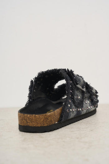 Women's black denim sandals with rhinestones and studs - 6
