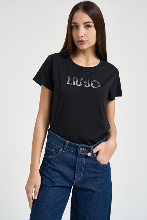 T-shirt donna logo con strass nera