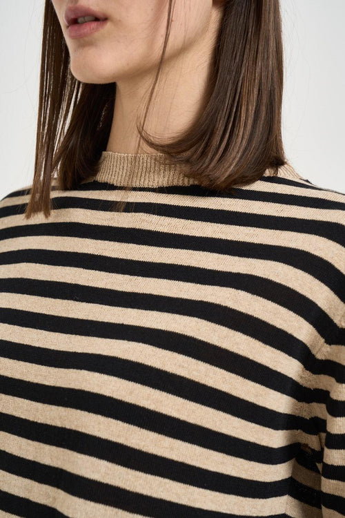 T-shirt donna in maglia a righe beige e nere - 2