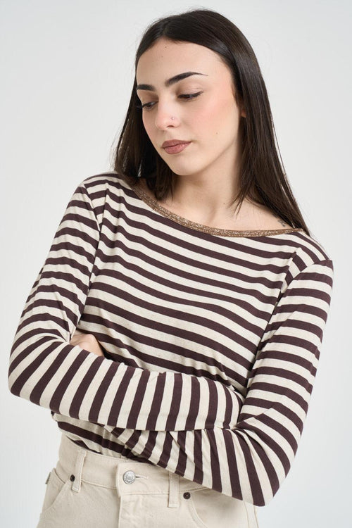 Maglia donna a righe marrone e panna - 2