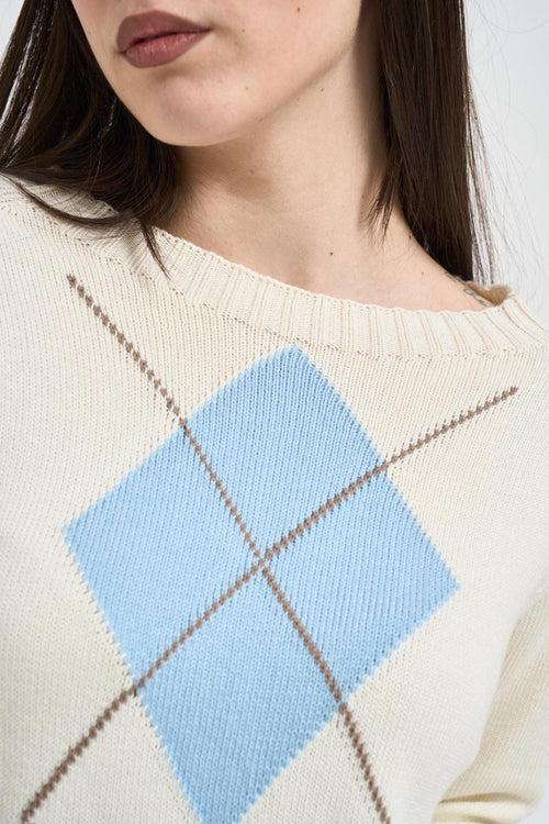 Maglia donna girocollo con rombi panna - 2