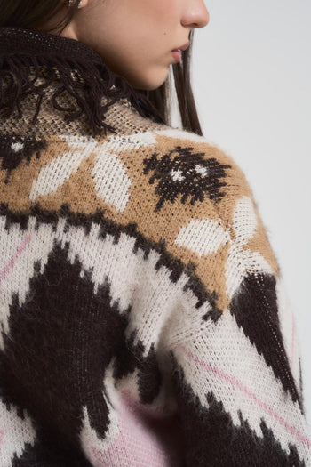 Cardigan donna scollo profondo con frangia marrone - 5