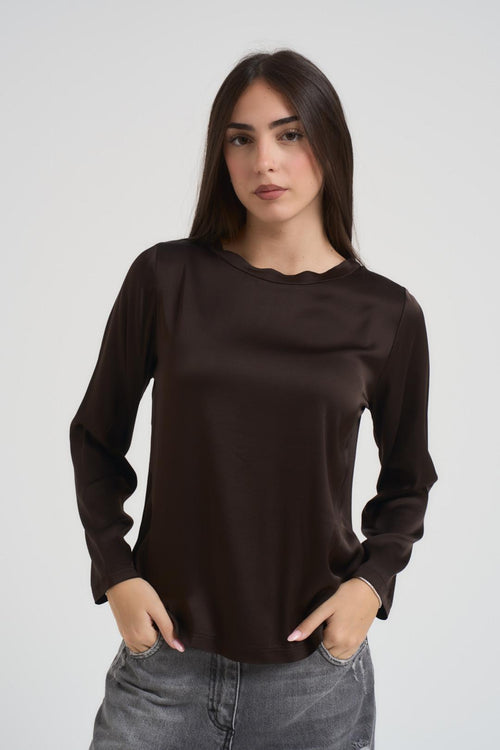 Blusa donna girocollo satinata marrone