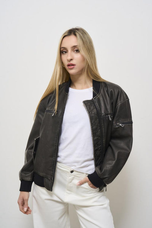 Women's black faux leather bomber jacket - 1