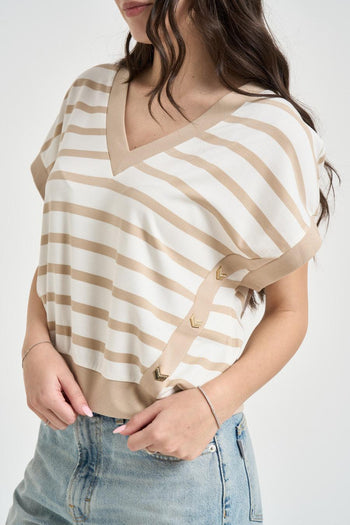 T-shirt donna a righe bianca e beige - 3