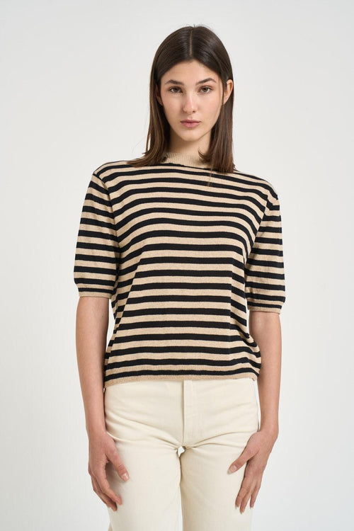 T-shirt donna in maglia a righe beige e nere - 1