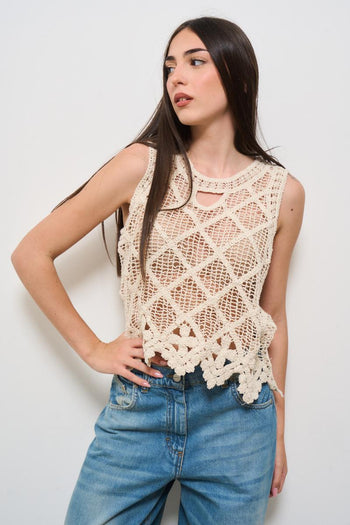 Top donna traforato panna - 3