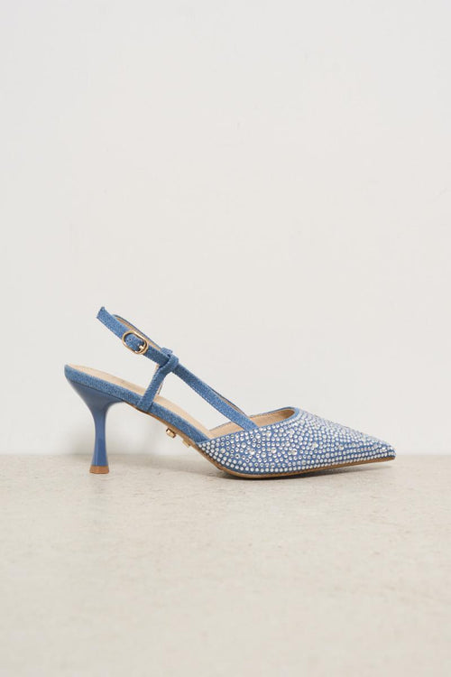 Scarpa con tacco in demim con strass