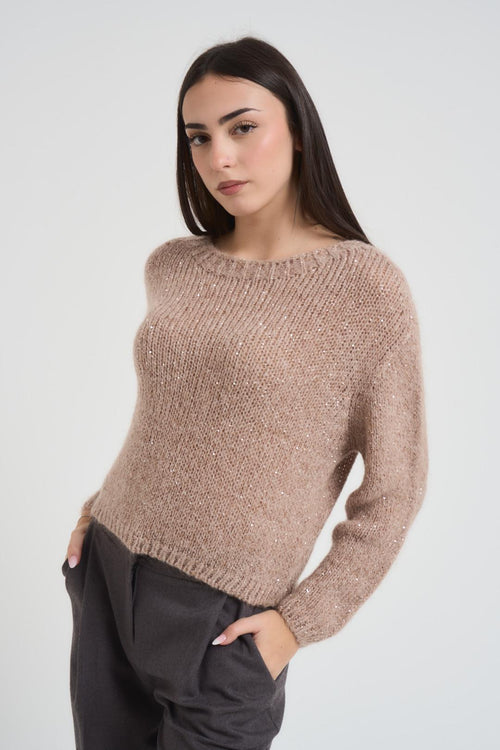 Maglia donna girocollo lurex beige