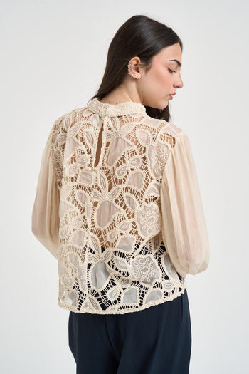 Blusa donna burro con ricamo macramè floreale - 5