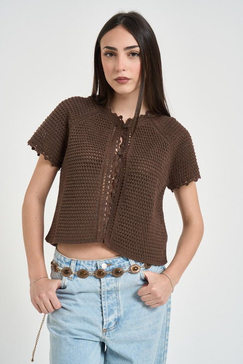 Polo donna in maglia traforata marrone