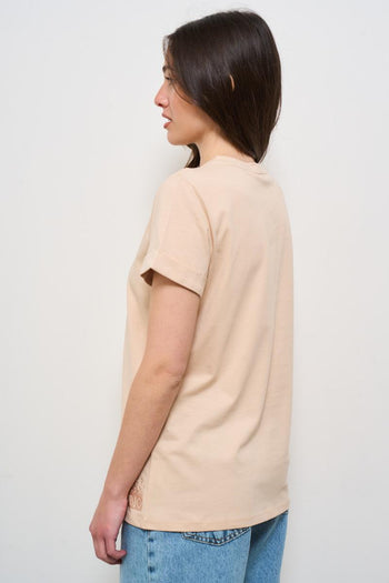T-shirt donna beige con strass - 6