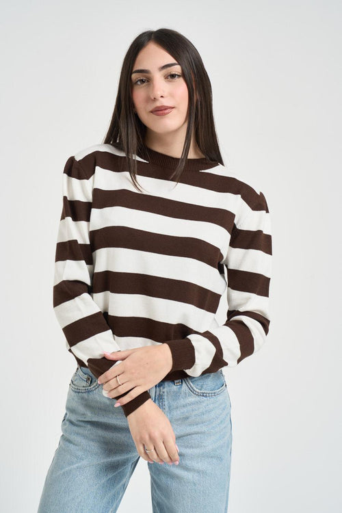 Maglia donna girocollo a righe bianca e marrone
