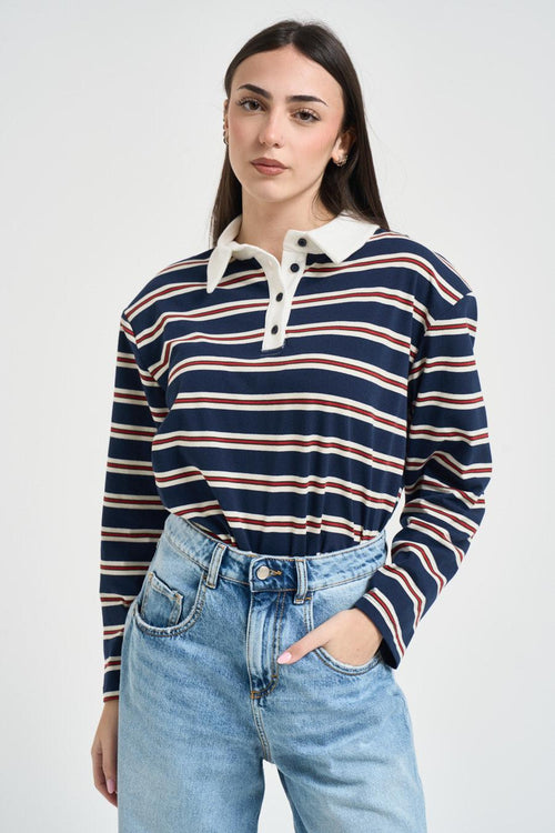 Polo donna a righe blu e rossa