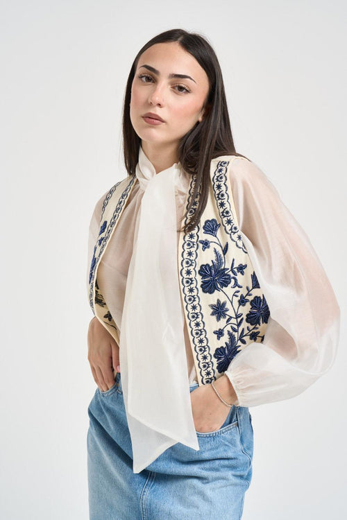 Gilet donna panna con ricami floreali blu - 2