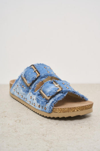 Sandali donna in denim con strass e borchie - 3