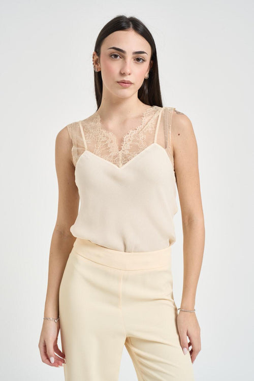 Blusa donna con inserti in pizzo panna