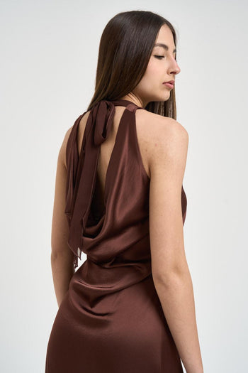 Abito donna asimmetrico satinato marrone - 5