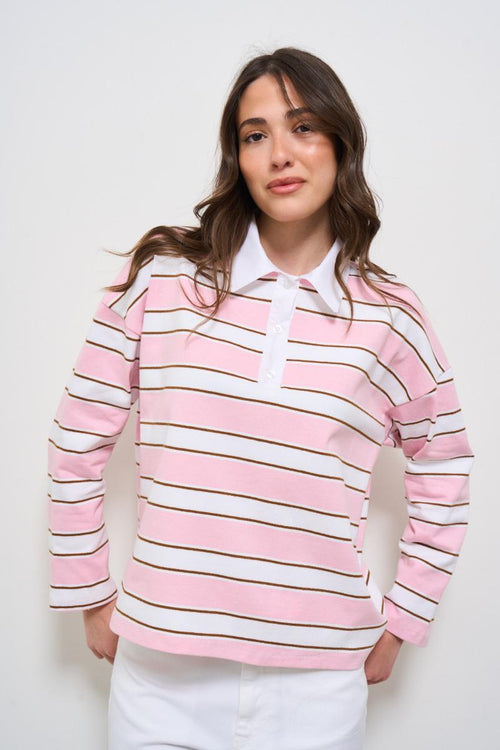 Polo donna a righe rosa