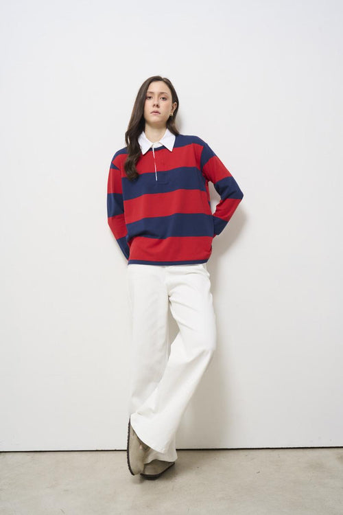 Red and blue striped women's polo shirt