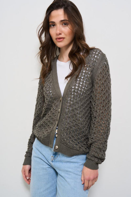 Cardigan donna traforato verde militare - 2
