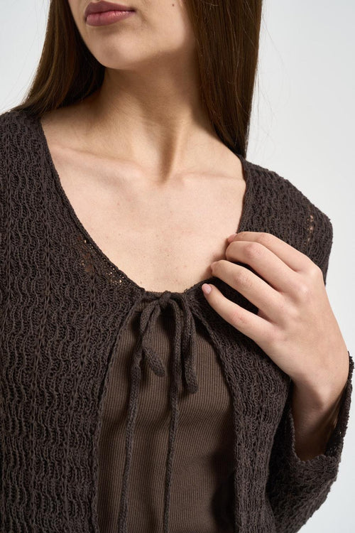 Cardigan donna in maglia traforata marrone - 2