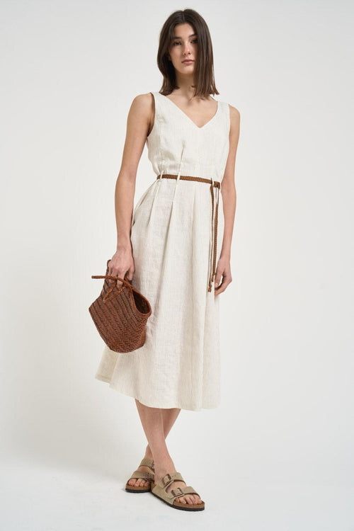 Abito donna midi in lino gessato bianco